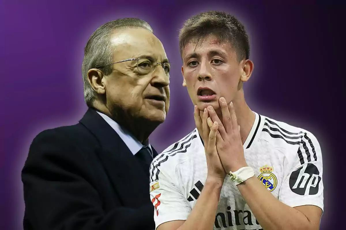 Two people, Florentino Pérez in a dark suit and Arda Güler in a white soccer jersey, on a purple background.