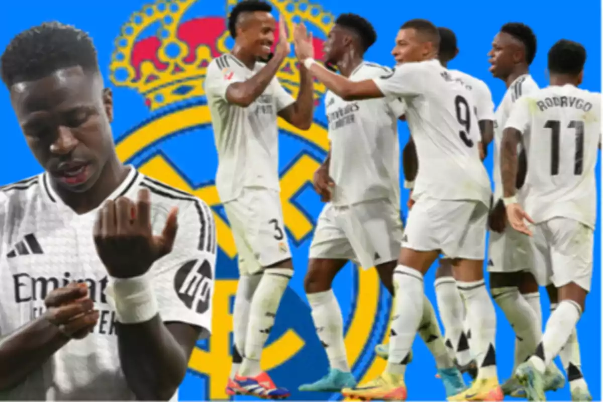 Real Madrid football players celebrating in front of the team's crest.