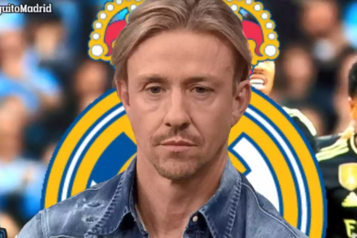 A man with blond hair and a serious expression in front of the Real Madrid crest.