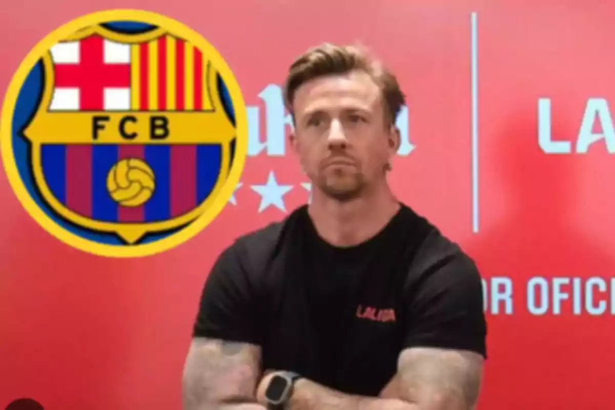 Man wearing a black LaLiga jersey in front of a red background with the FC Barcelona crest.