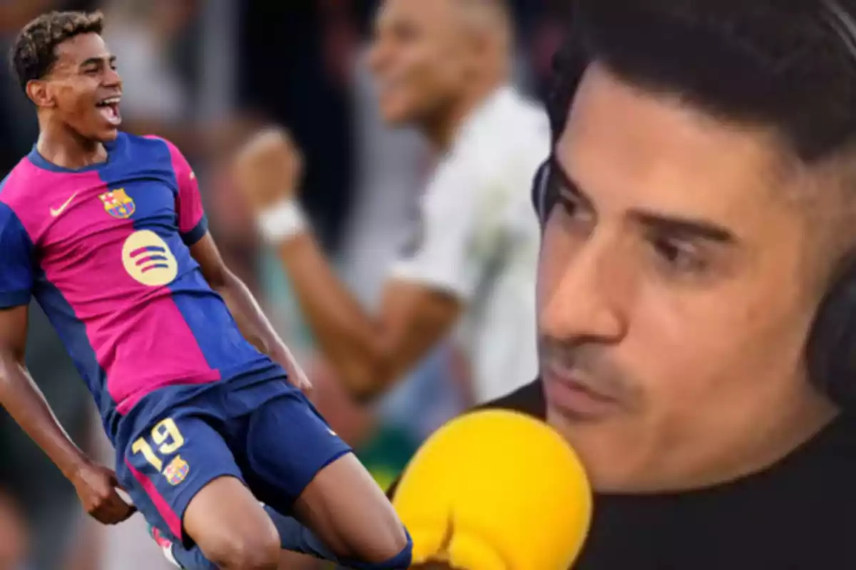 A soccer player in a Barcelona uniform celebrates as a man speaks into a yellow microphone.