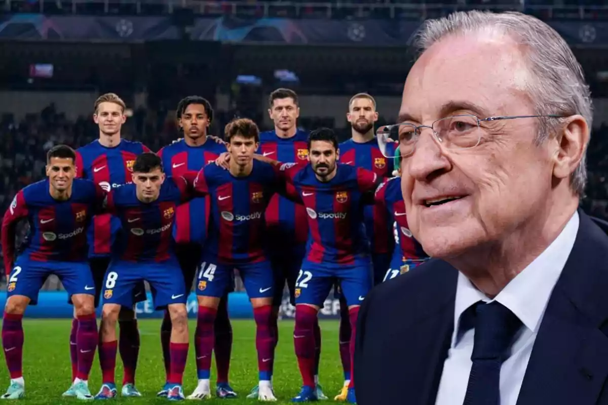 A group of soccer players in blue and red uniforms posing on the field with an older man in a suit in the foreground.