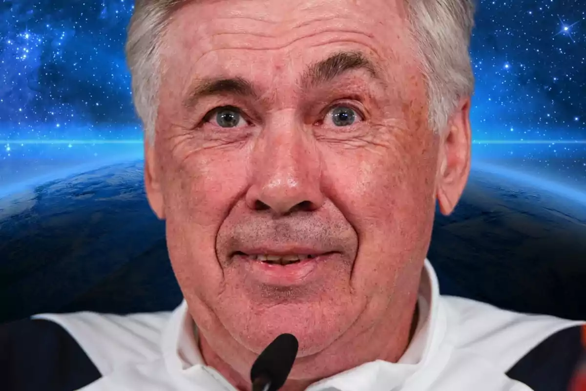 An older man with gray hair and neutral facial expression, with a starry space background and the Earth seen from space.