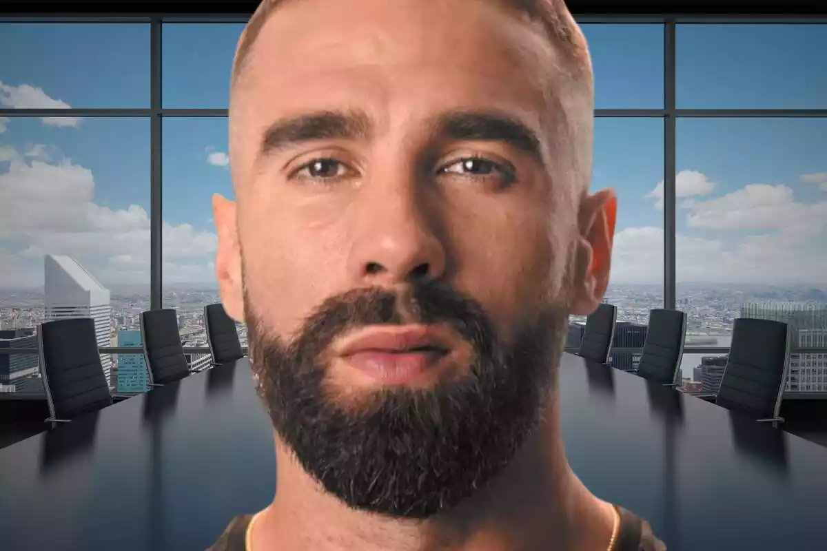 Dani Carvajal in close-up on an image of an office