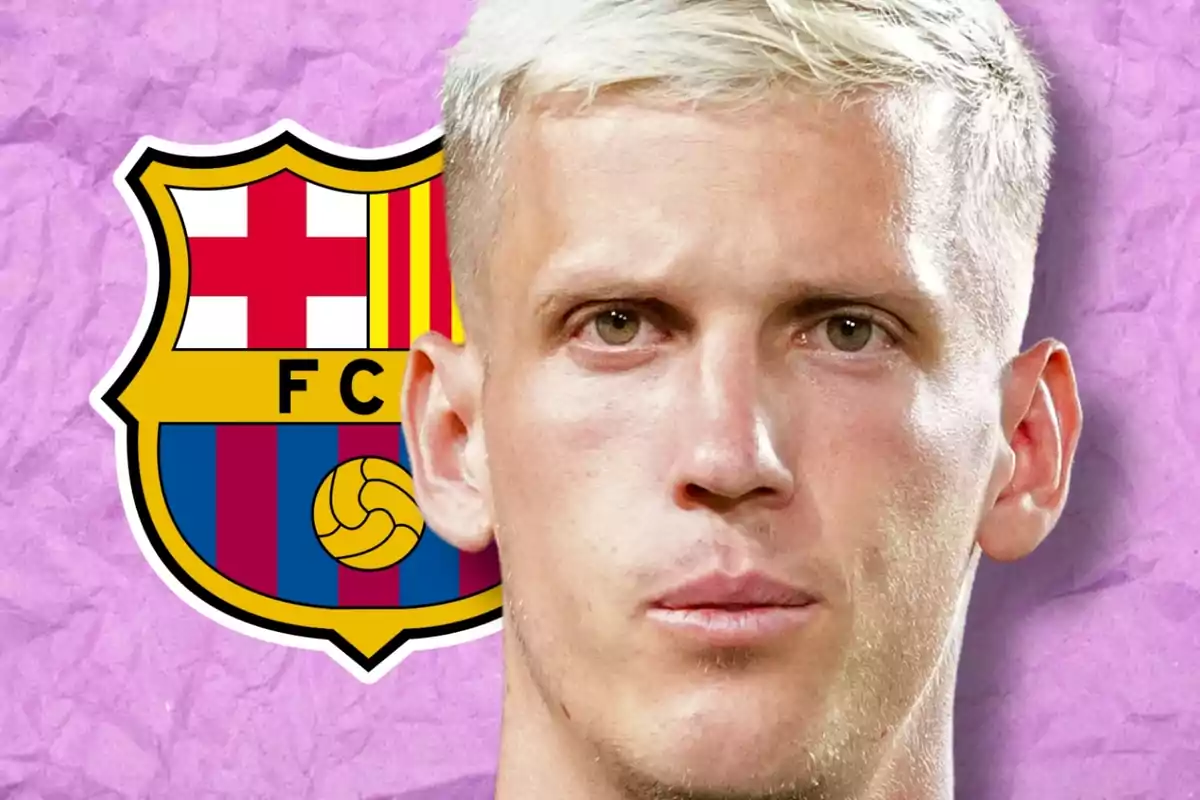 A man with short blond hair in front of the FC Barcelona crest on a purple background.