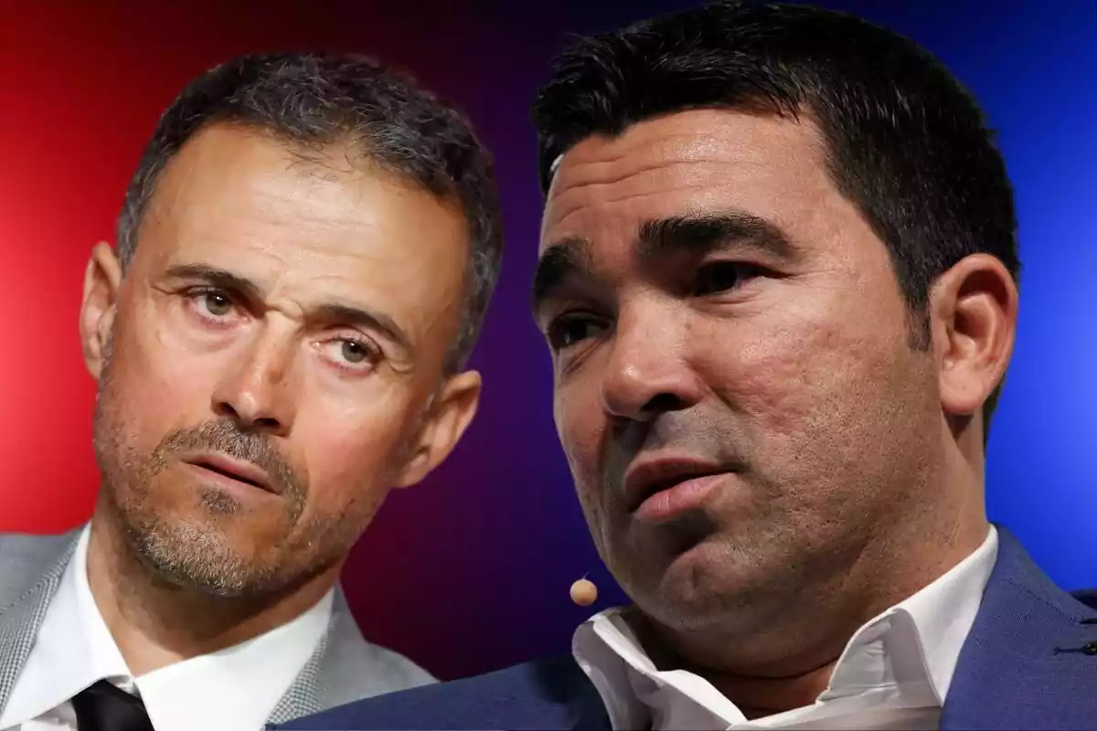 Deco looks to the side thoughtfully with Luis Enrique doing the same on a blue and red background