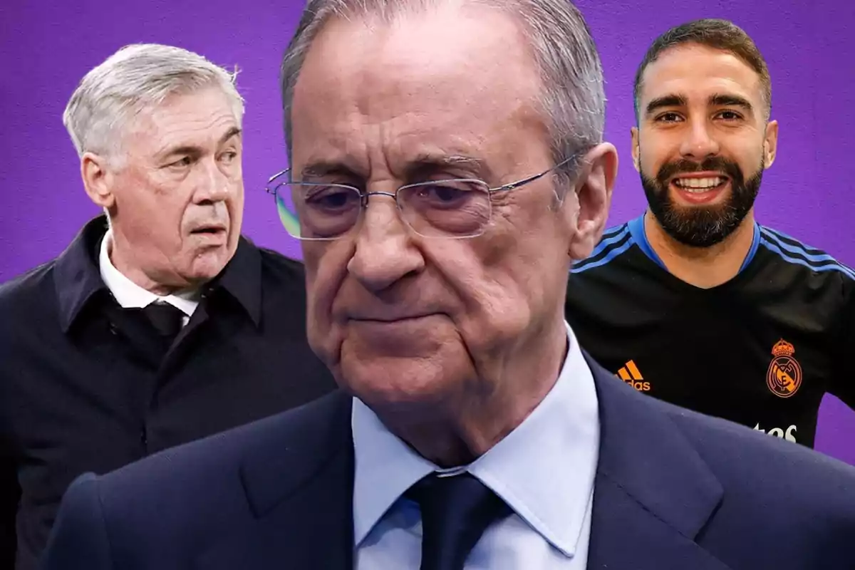 Three men in a photo montage with a purple background, one in the foreground with a serious expression and two in the background, one with a dark jacket and the other with a sports shirt.