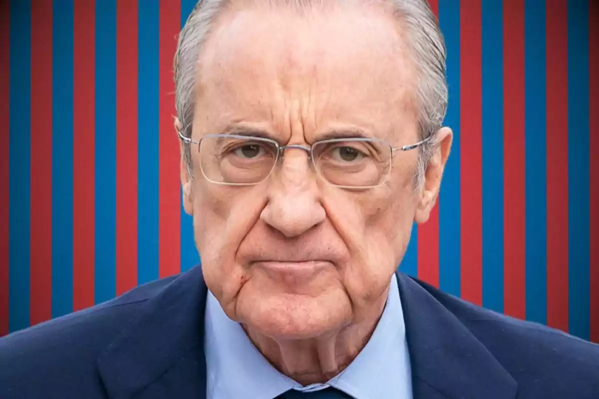 An older man with glasses and a serious expression, against a background of red and blue vertical stripes.