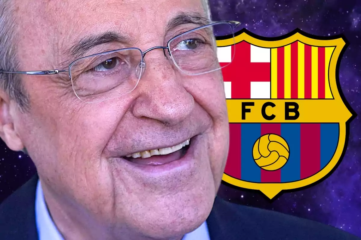 Florentino Pérez in the foreground with an FC Barcelona shield in the background