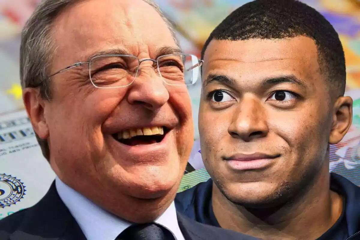 Florentino Pérez smiling next to Kylian Mbappé with his eyes wide open