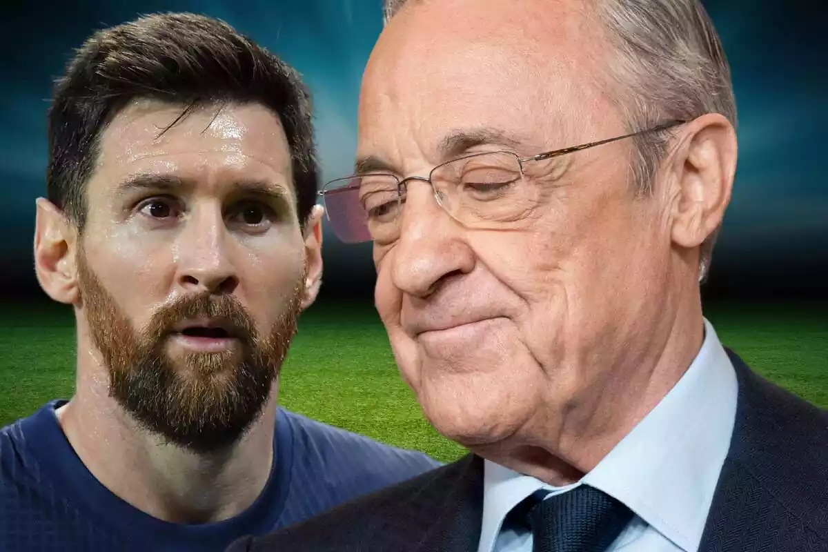 Florentino Pérez looks down at the ground with a surprised Messi in the back of the image