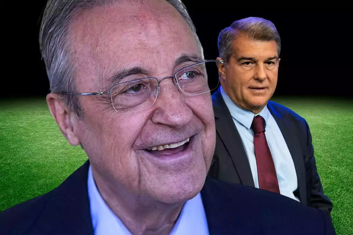 Florentino Pérez smiling and Joan Laporta in the background, in front of a soccer field