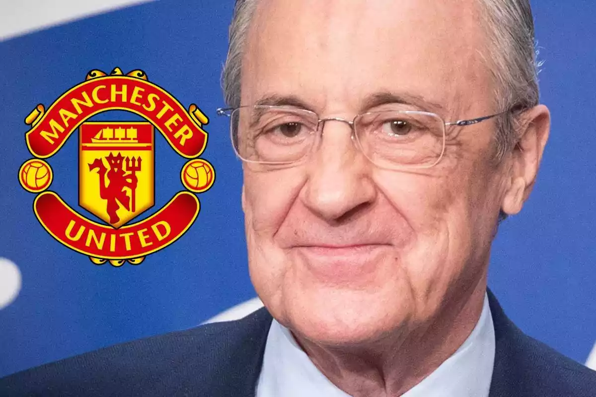 Florentino Pérez next to the Manchester United shield