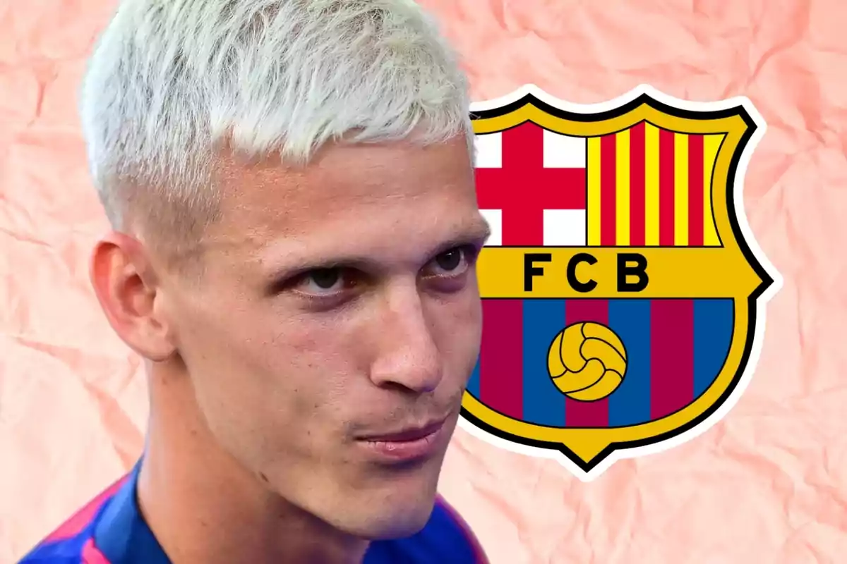 A football player with light blonde hair in front of the FC Barcelona crest.