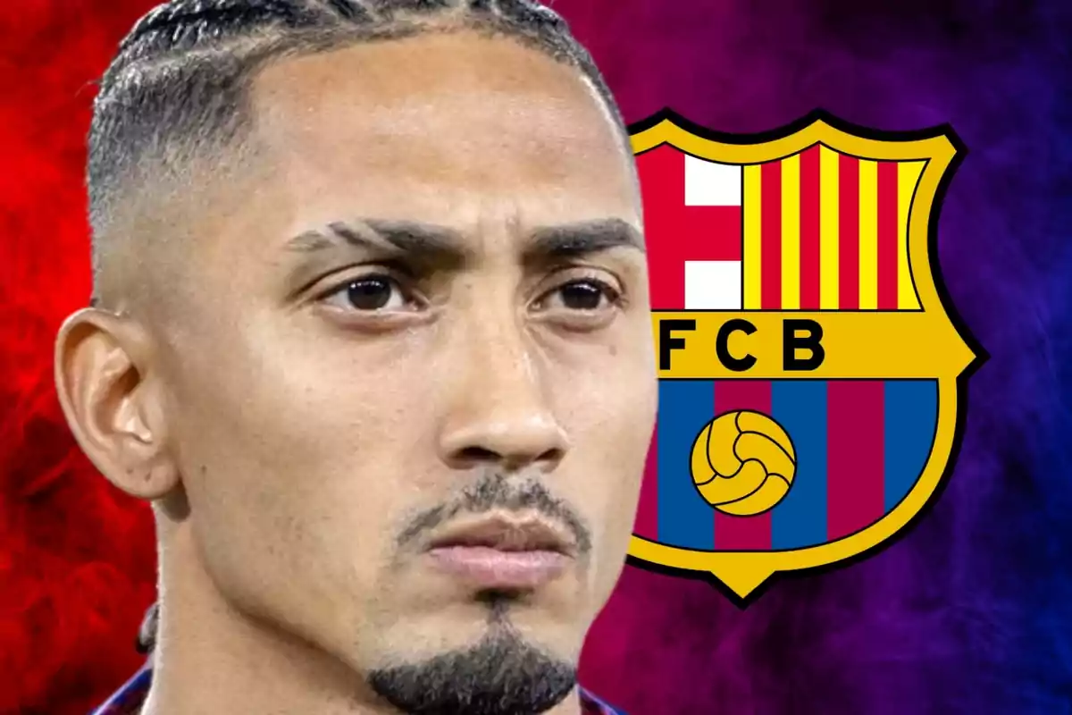 A football player with a serious expression in front of the FC Barcelona crest.