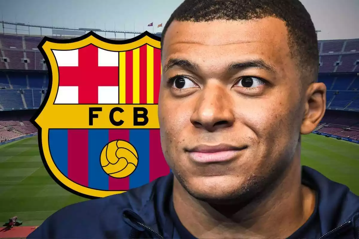 Kylian Mbappé in the foreground with his eyes open with the Camp Nou and an FC Barcelona shield in the background