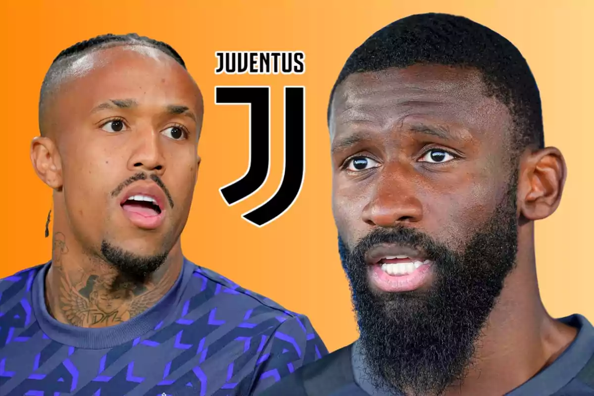 Two soccer players with the Juventus logo on an orange background.