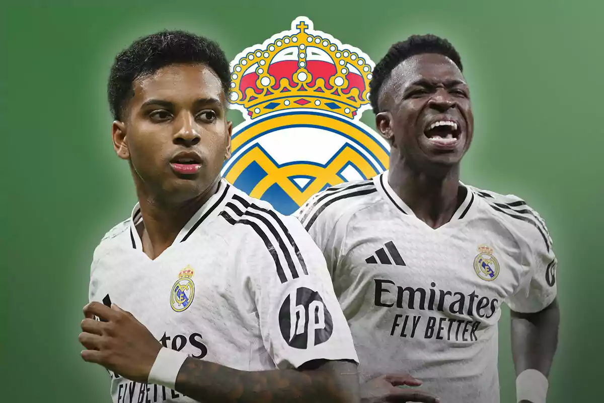 Rodrygo Goes and Vinícius Júnior wearing Real Madrid uniforms in front of the team's crest on a green background.