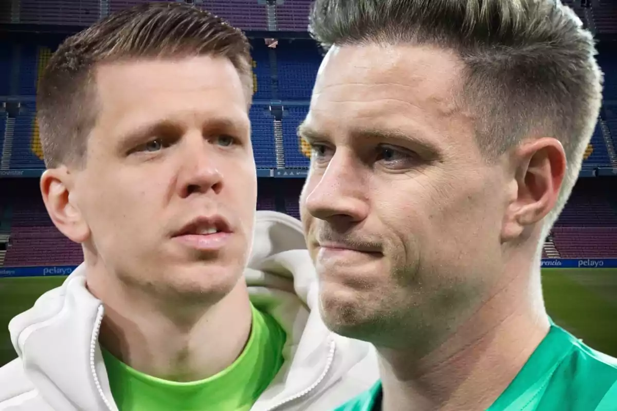 Two men with serious expressions in a football stadium.